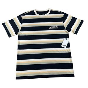 Welcome‎ Skateboard T-Shirt Black/Sand Large Striped Crew Neck Embroidered Logo